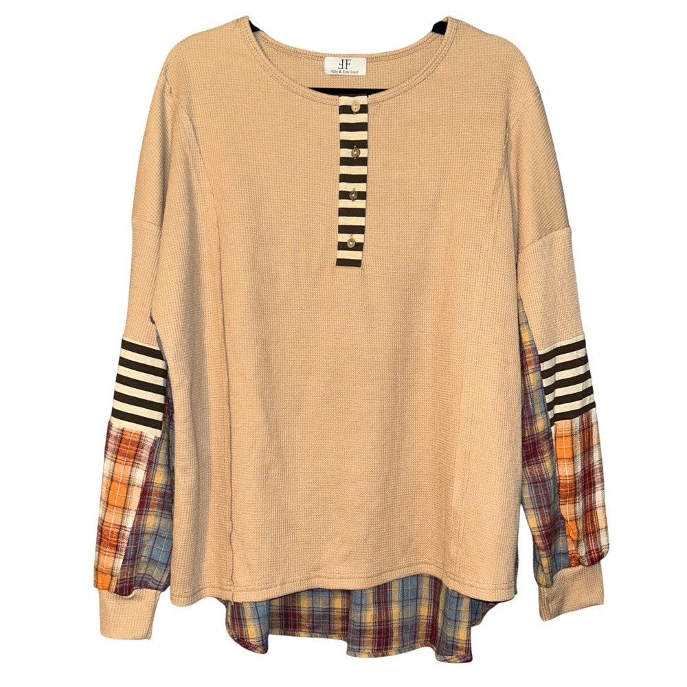 Fifty & Five South Patchwork Top Womens XL Henley Mixed Media Plaid Waffle Knit